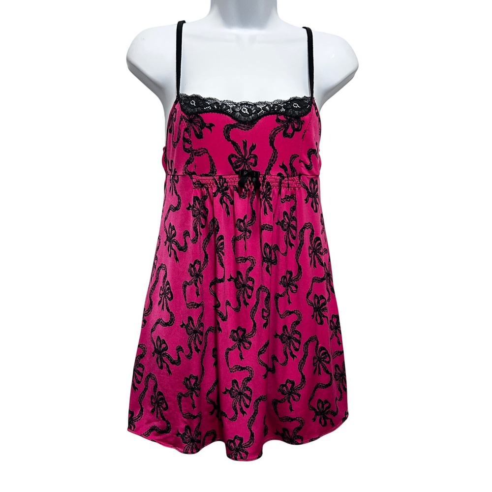 Betsey Johnson Y2K Coquette Balletcore Babydoll Chemise S Pink Lace Bow Print